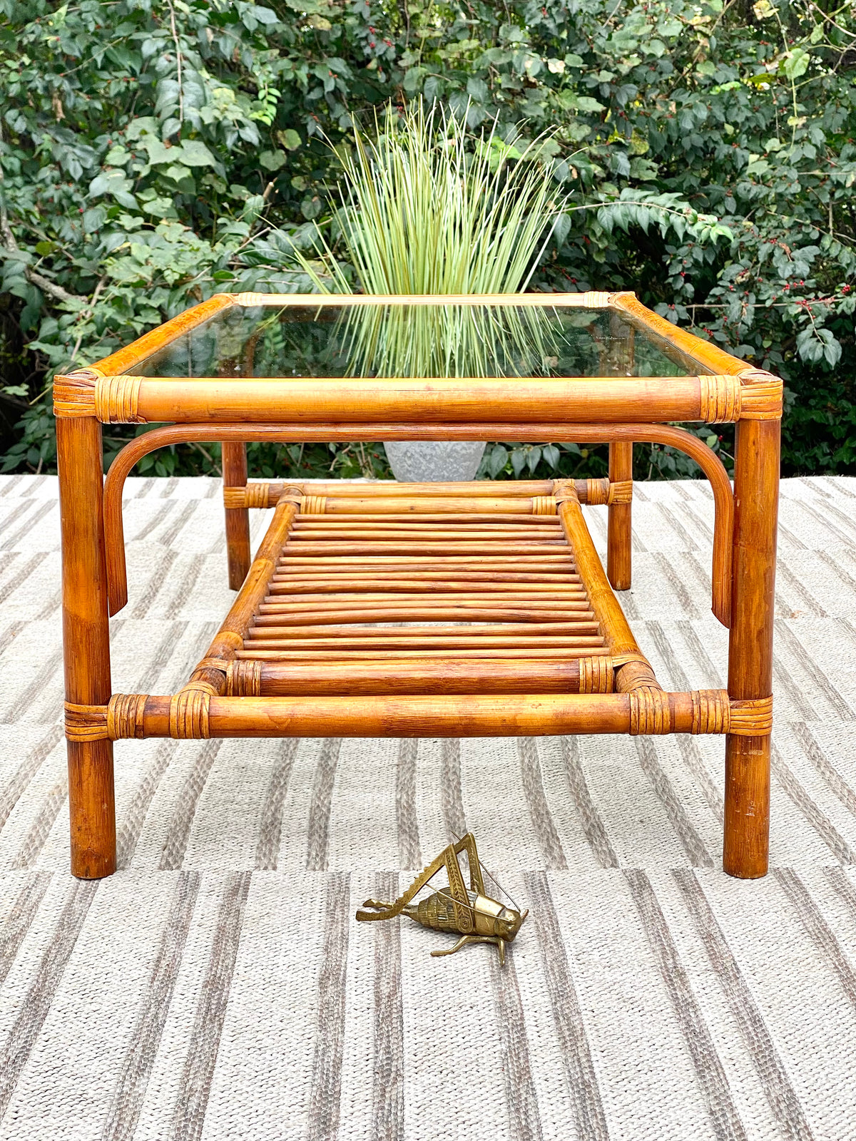 Vintage Bamboo Rattan Glass Top Coffee Table
