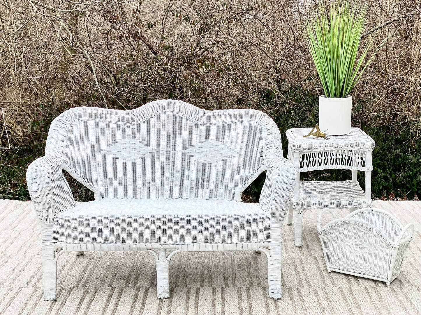 Vintage Wicker Loveseat Side Table & Basket