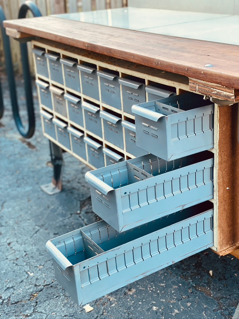Vintage Industrial 24 Drawer Work Bench