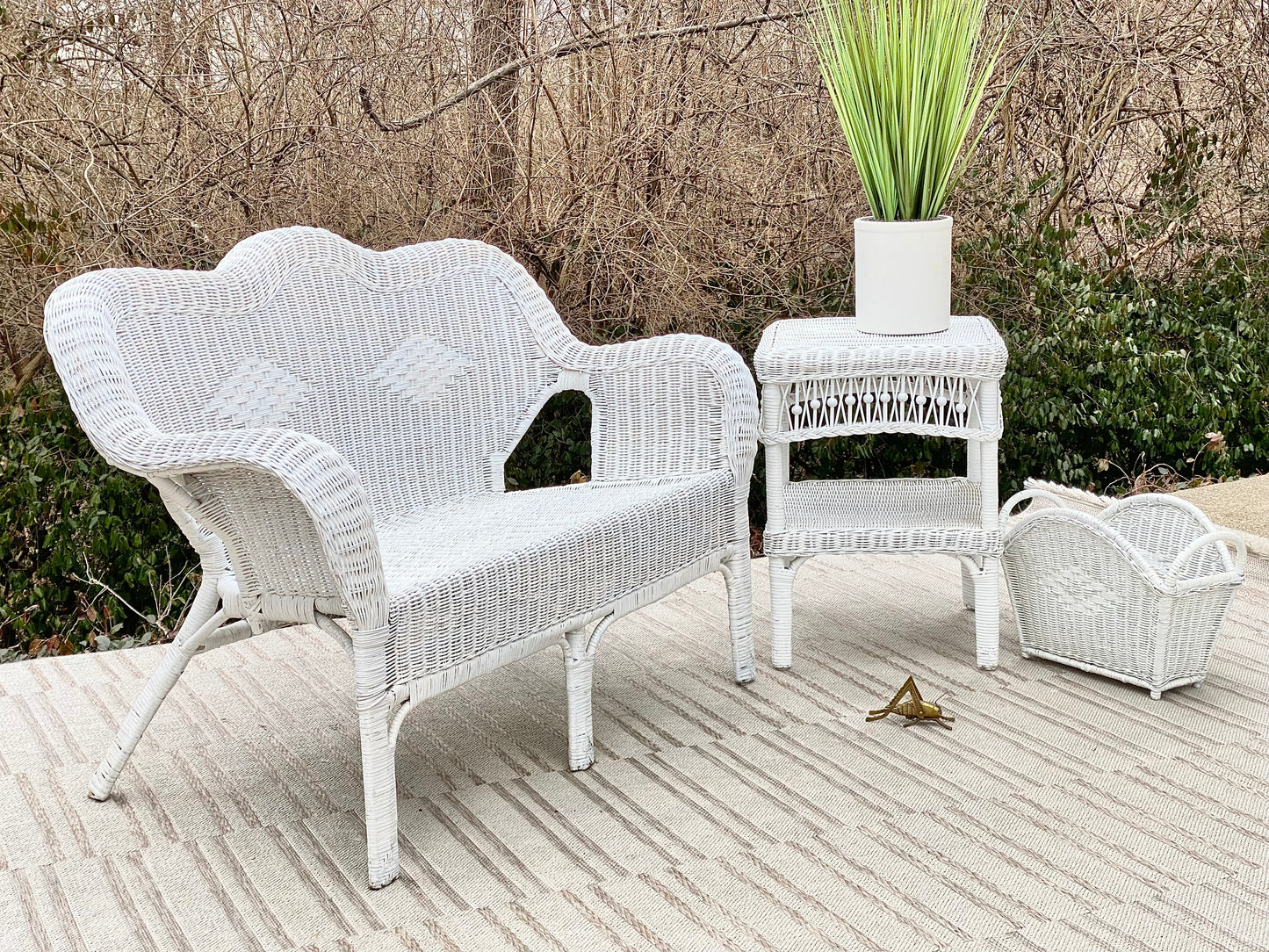 Vintage Wicker Loveseat Side Table & Basket