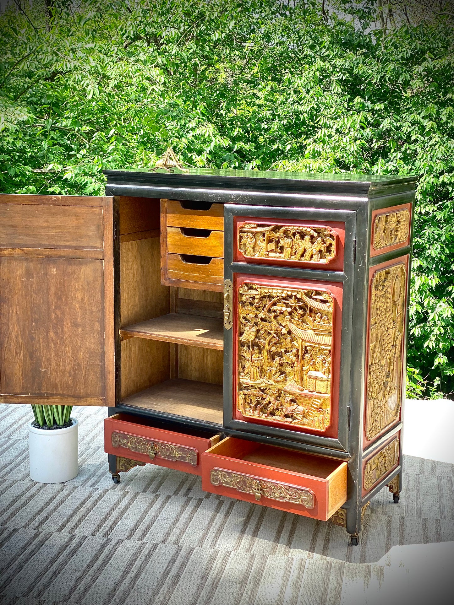 Vintage 20th Cen. Chinese Carved Wooden Accent Cabinet