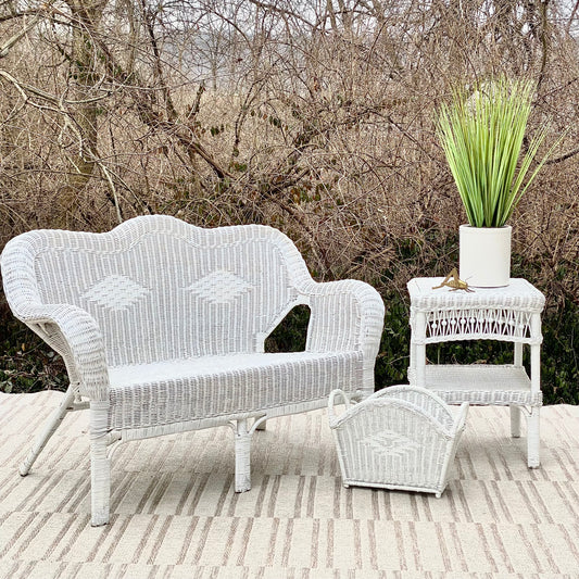 Vintage Wicker Loveseat Side Table & Basket
