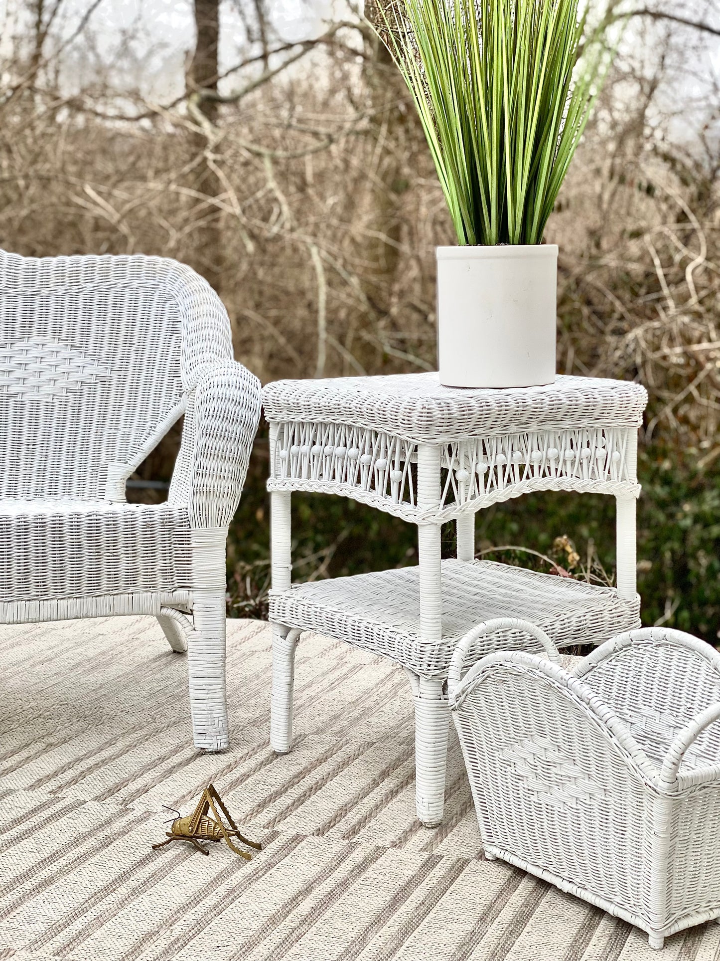 Vintage Wicker Loveseat Side Table & Basket