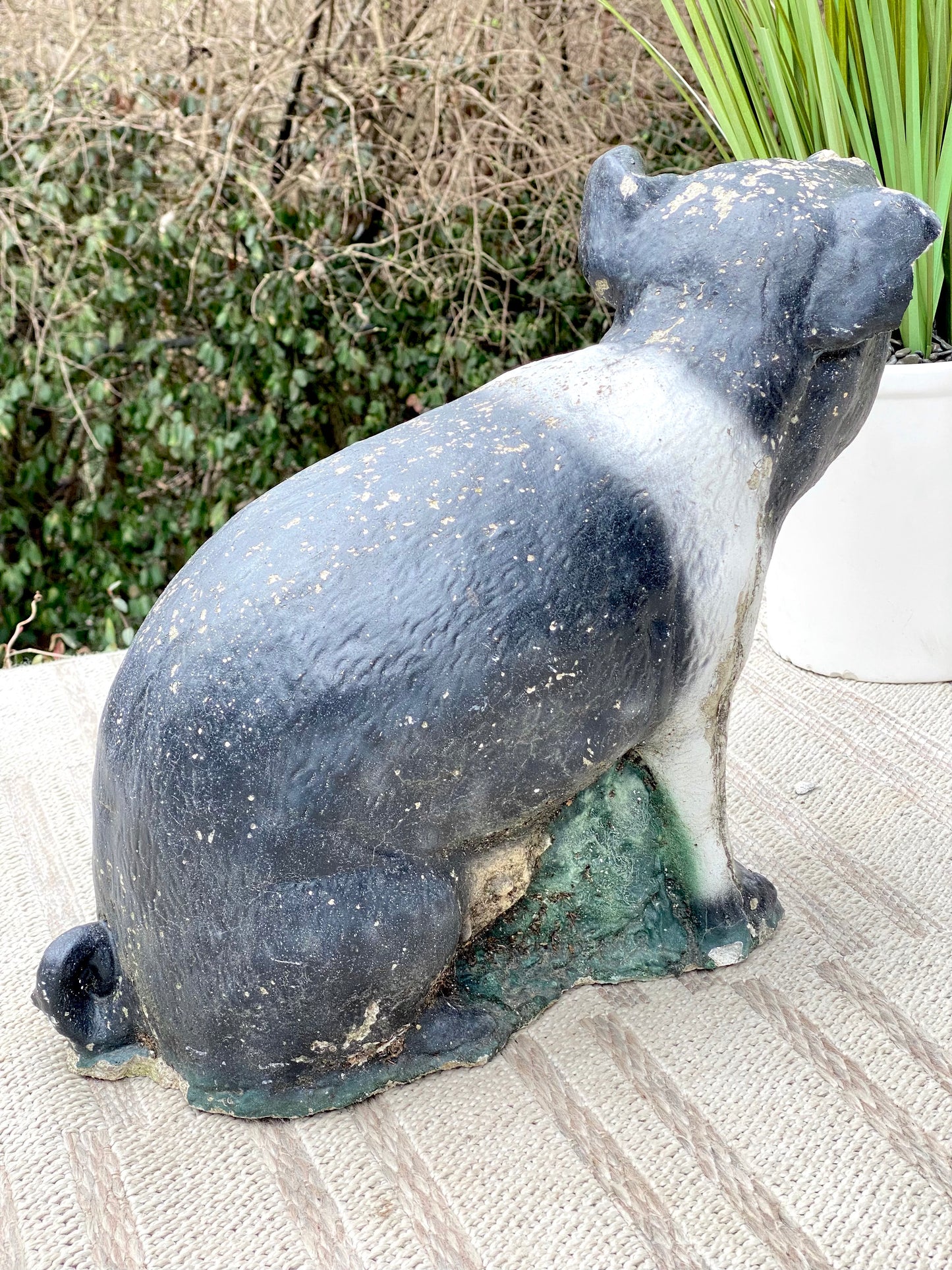 Vintage Concrete Black & White Pig Statue