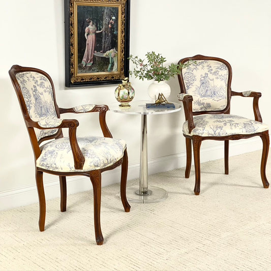 Pair of Vintage Carved Walnut Upholstered Accent Chairs