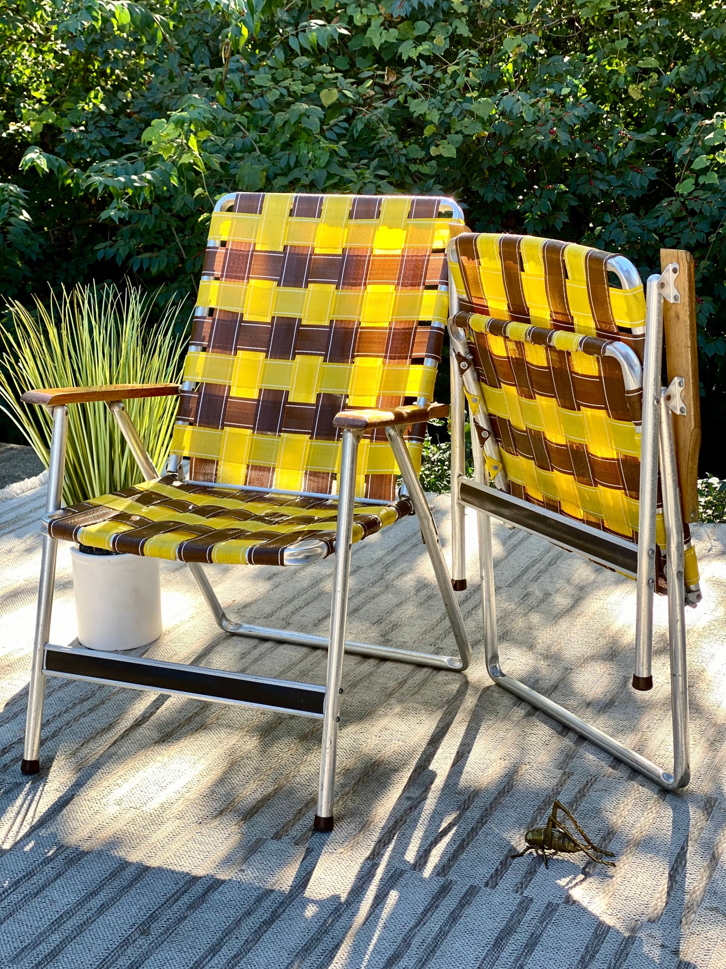 Pair of Vintage Aluminum Mesh Folding Lawn Chairs