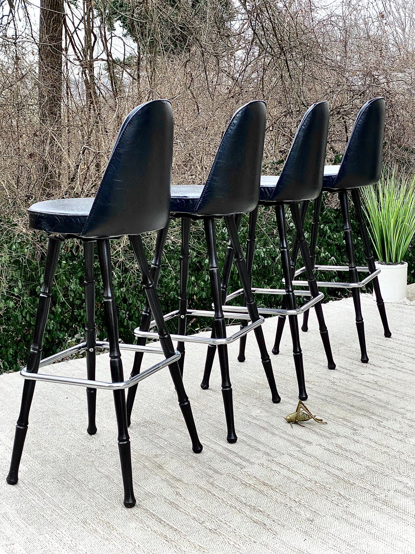 Vintage MCM Black Vinyl Wood Bar Stools