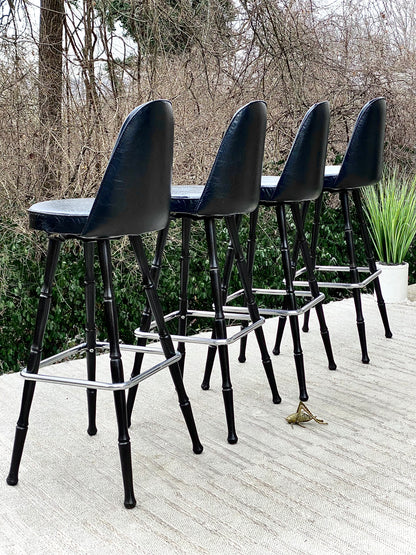 Vintage MCM Black Vinyl Wood Bar Stools