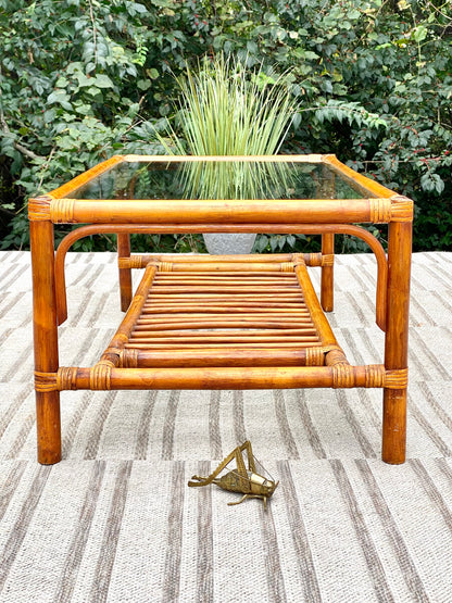 Vintage Bamboo Rattan Glass Top Coffee Table