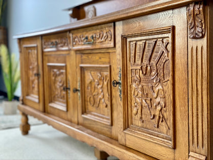 Hand Carved Oak Sideboard Buffet and Plate Rack