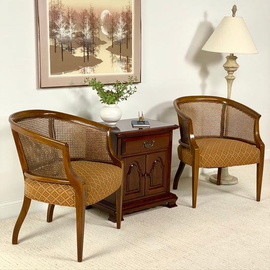Vintage Pair of Upholstered Cane Barrel Chairs