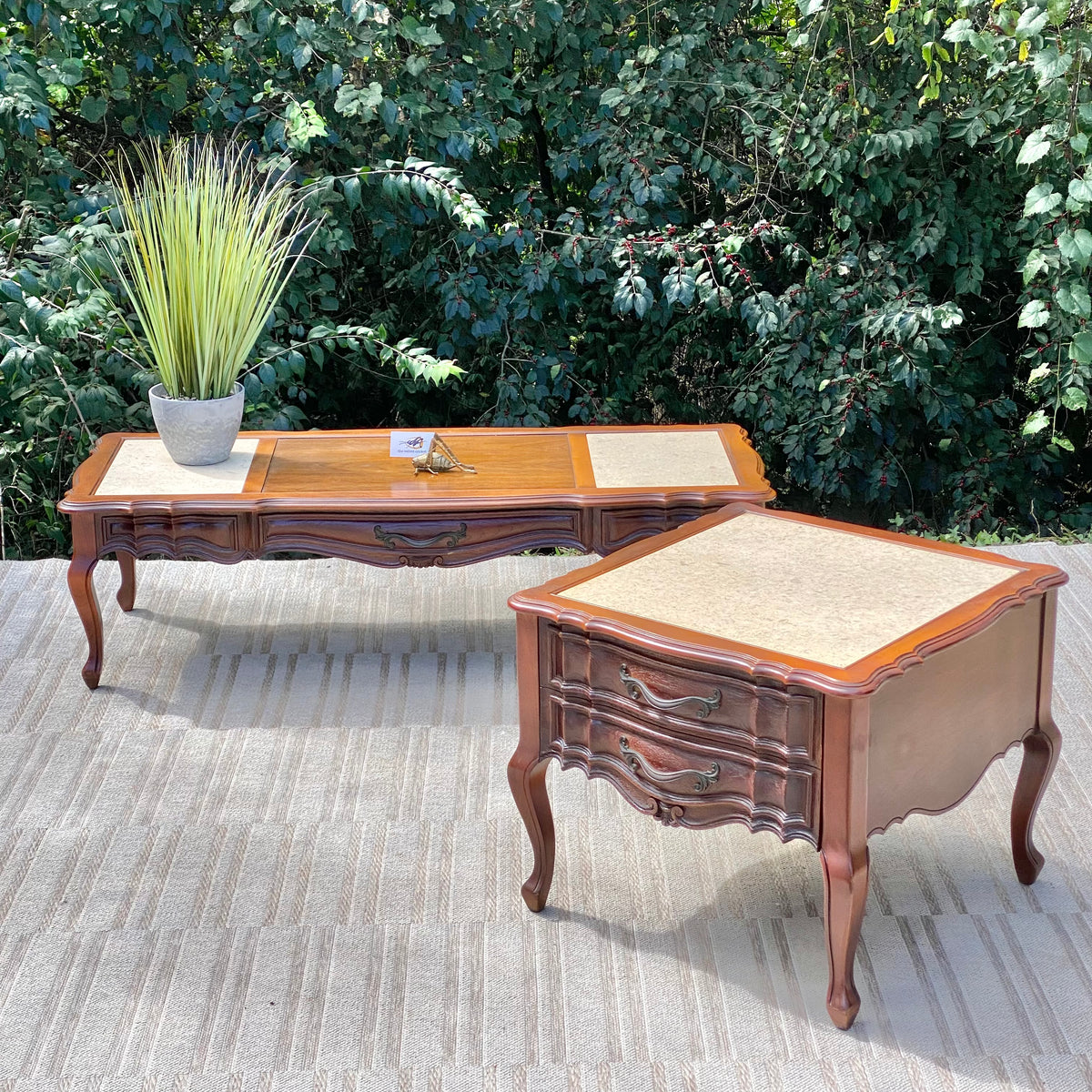 Vintage French Provincial Marble Top Coffee and Side Table Set