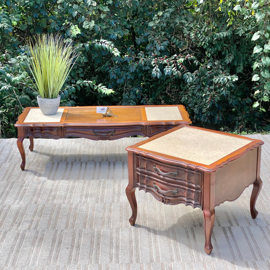 Vintage French Provincial Marble Top Coffee and Side Table Set