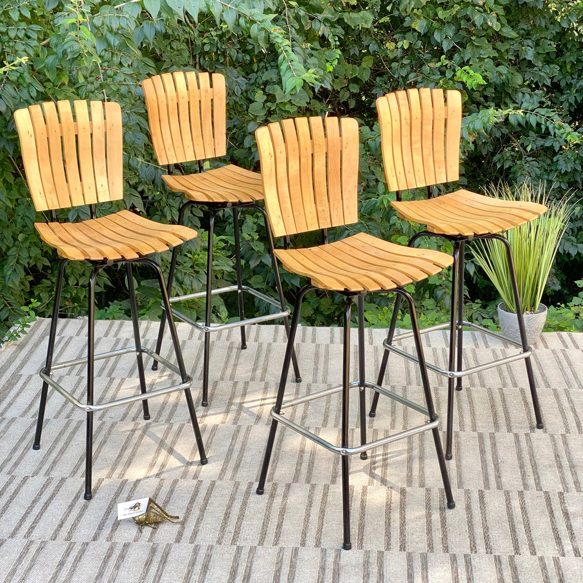 Vintage Set of 4 Arthur Umanoff Style Slatted Wood Barstools