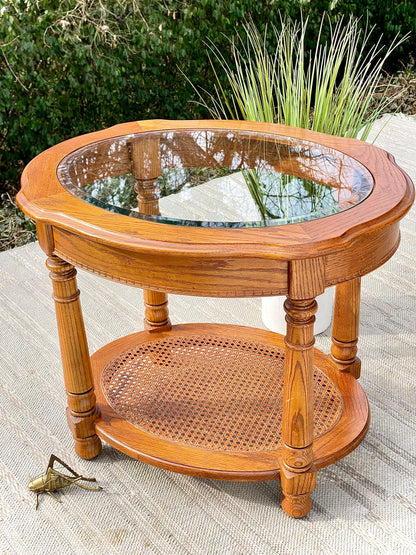 Vintage Wooden Glass Top Oval Side Table