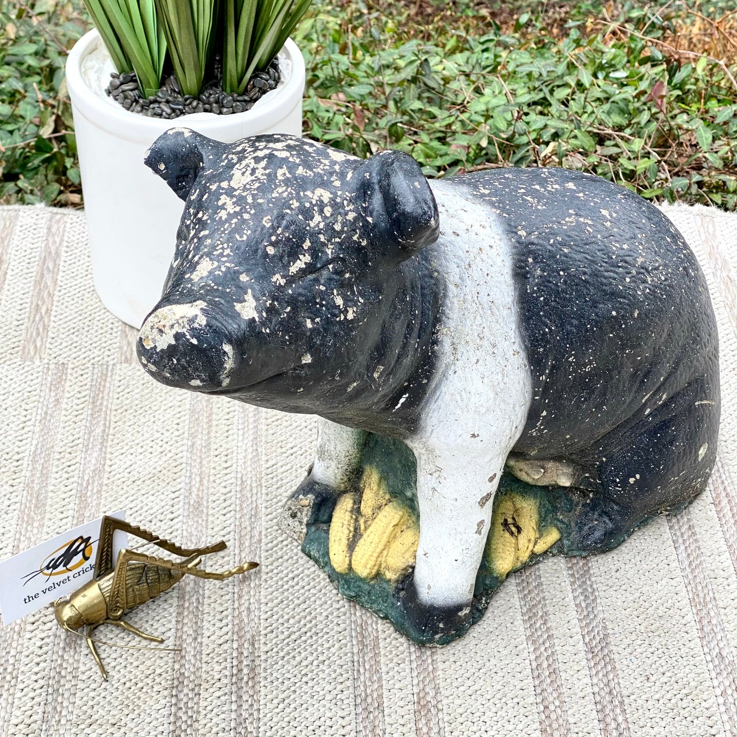 Vintage Concrete Black & White Pig Statue