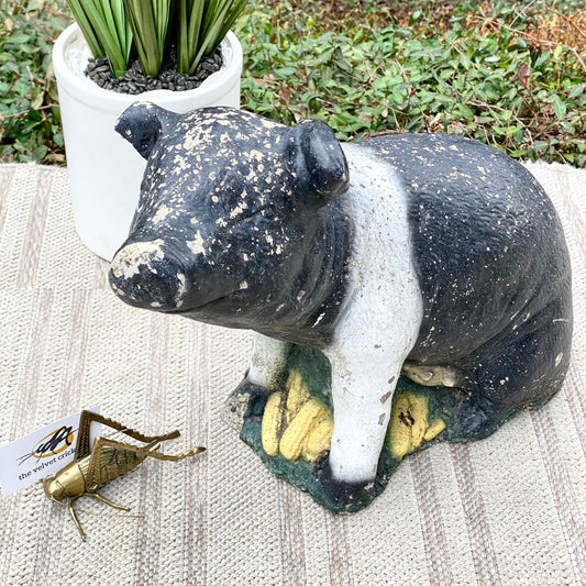 Vintage Concrete Black & White Pig Statue
