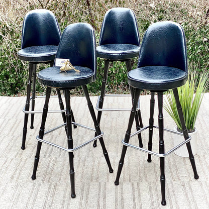 Vintage MCM Black Vinyl Wood Bar Stools