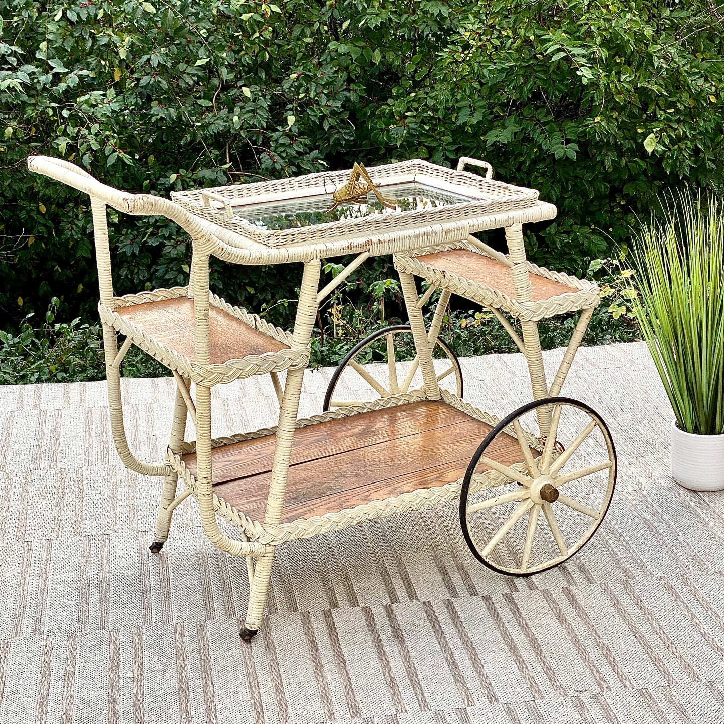 Vintage Wicker Glass Bar Cart