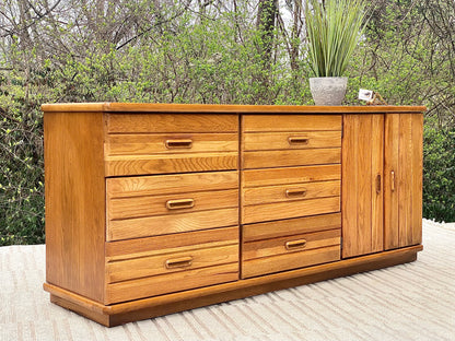 Vintage Broyhill Oak 9 Drawer Lowboy Dresser