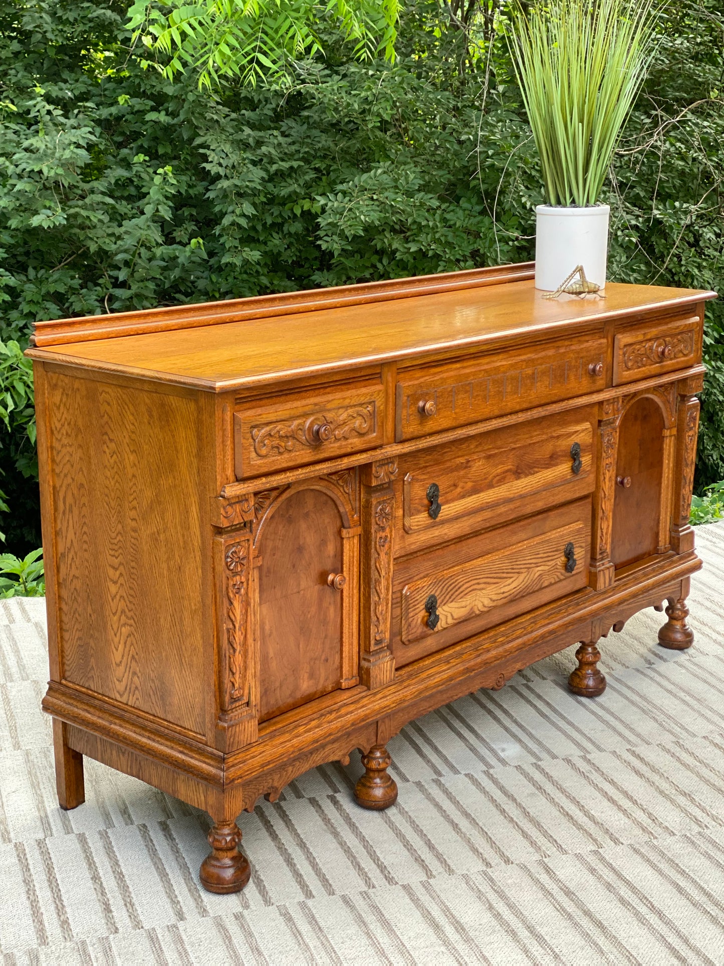 Vintage Long Wooden Buffet Credenza