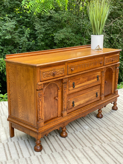 Vintage Long Wooden Buffet Credenza