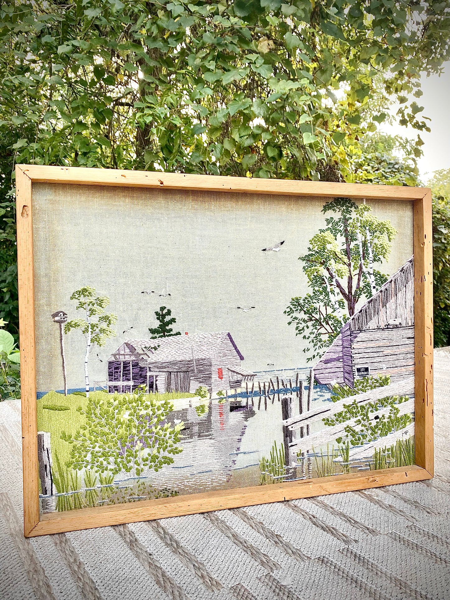 Vintage Mid Century Wood Frame Needle Point Art