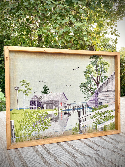 Vintage Mid Century Wood Frame Needle Point Art