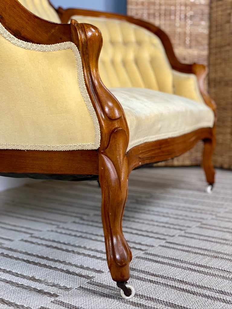 Antique Carved Walnut Upholstered Settee