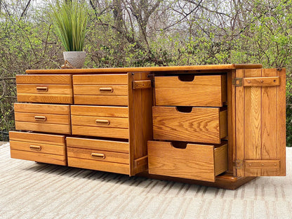 Vintage Broyhill Oak 9 Drawer Lowboy Dresser