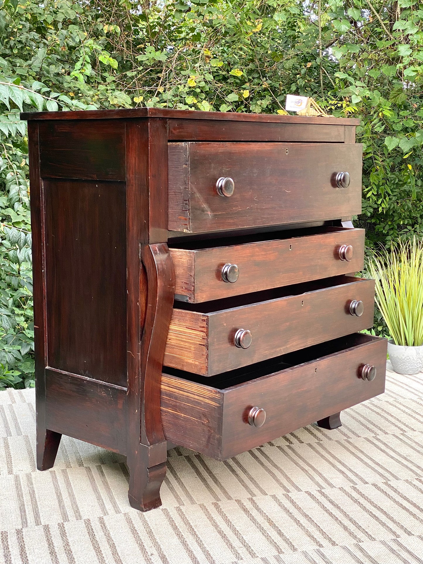 Vintage Wooden Empire Style 4 Drawer Highboy Dresser
