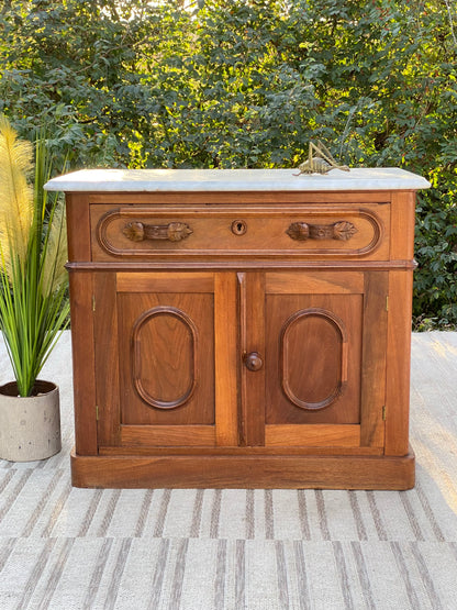 Vintage Walnut Marble Top Cabinet
