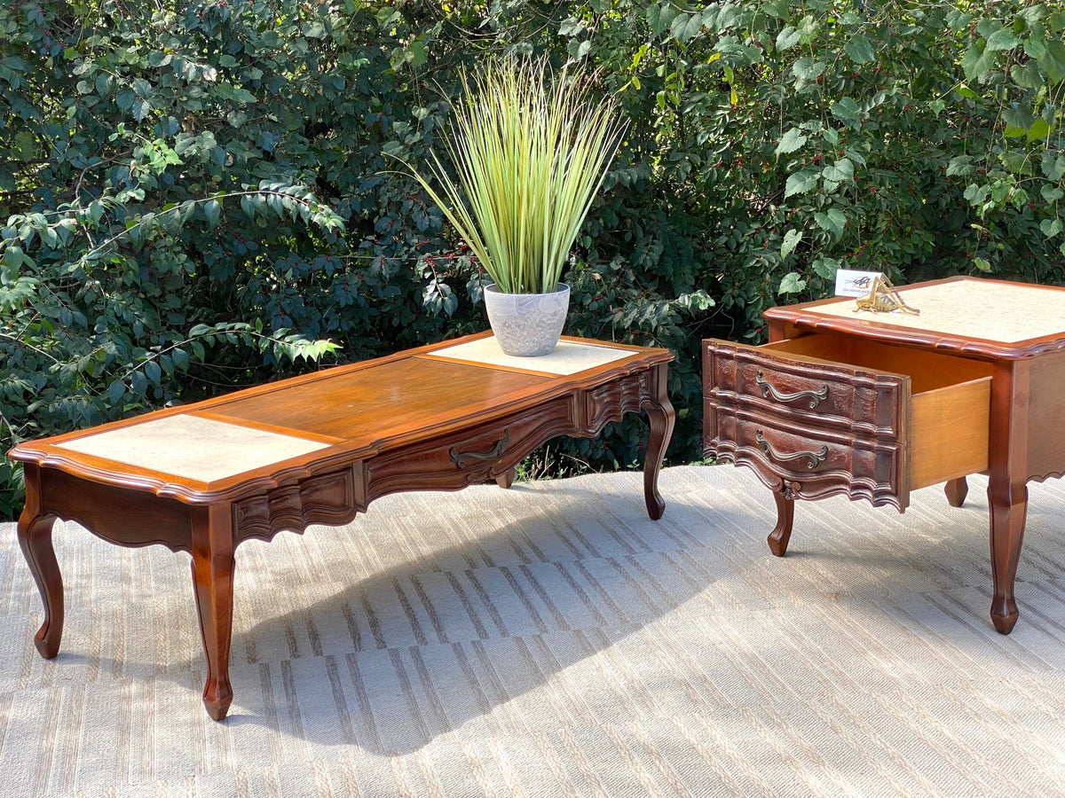 Vintage French Provincial Marble Top Coffee and Side Table Set