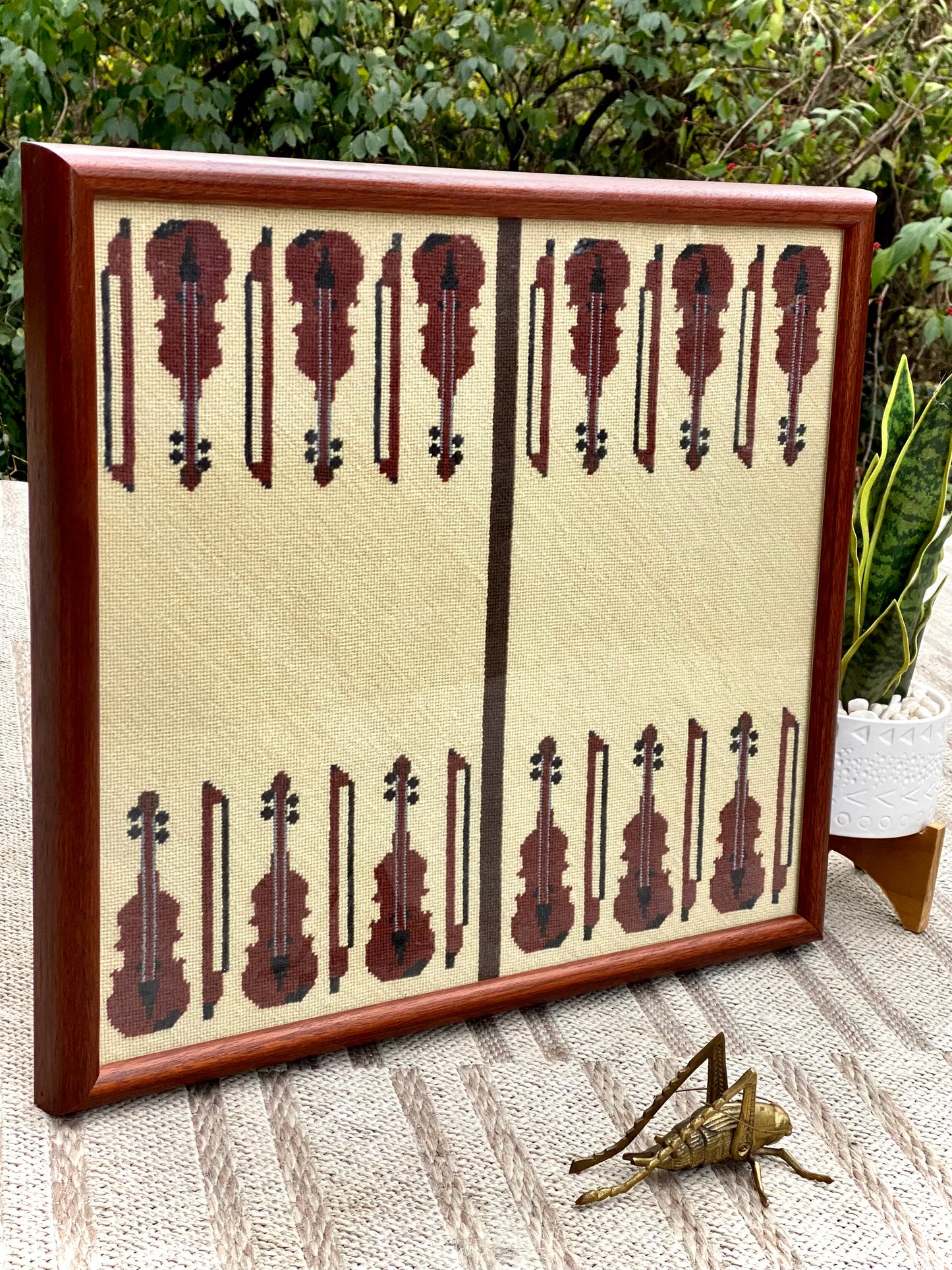 Vintage Handmade Needlepoint Backgammon Violin Framed Art