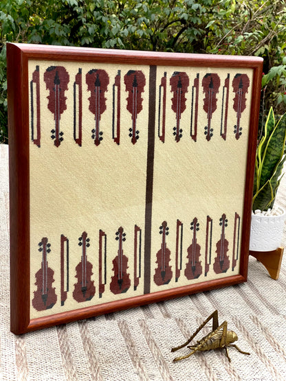 Vintage Handmade Needlepoint Backgammon Violin Framed Art