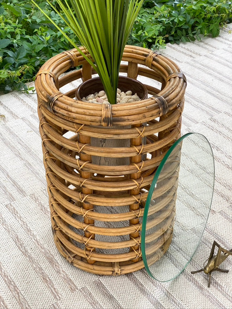 Vintage Rattan Glass Side Table