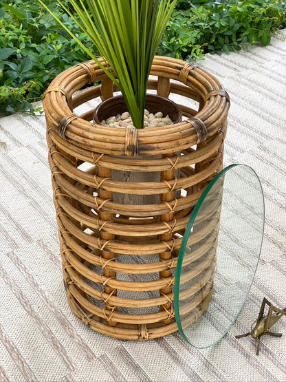 Vintage Rattan Glass Side Table