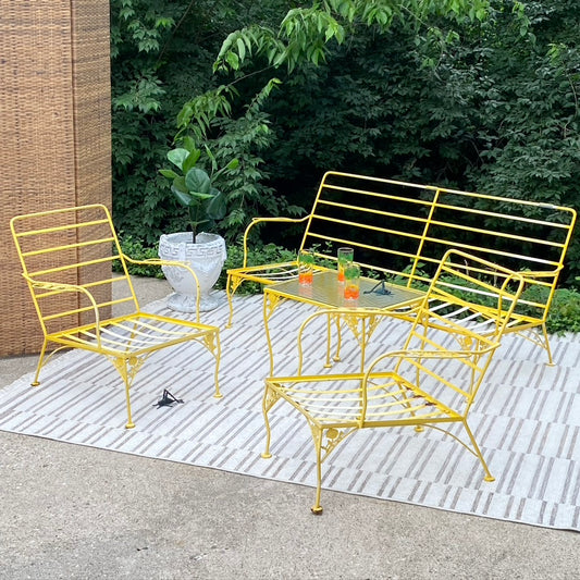 Vintage 4 Piece Yellow Floral Wrought Iron Outdoor Patio Set