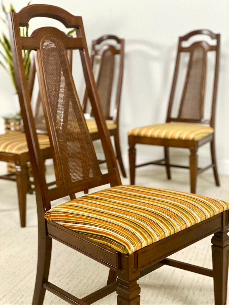 Vintage Set of 4 High Cane Back 1970s Dining Chairs