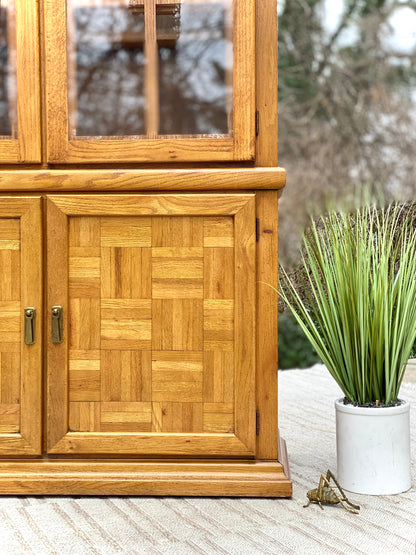 Vintage Wooden 2 Piece Lighted Hutch