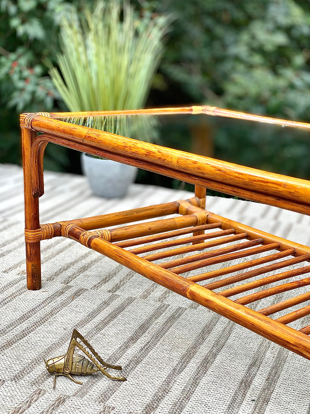 Vintage Bamboo Rattan Glass Top Coffee Table