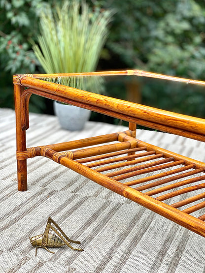 Vintage Bamboo Rattan Glass Top Coffee Table
