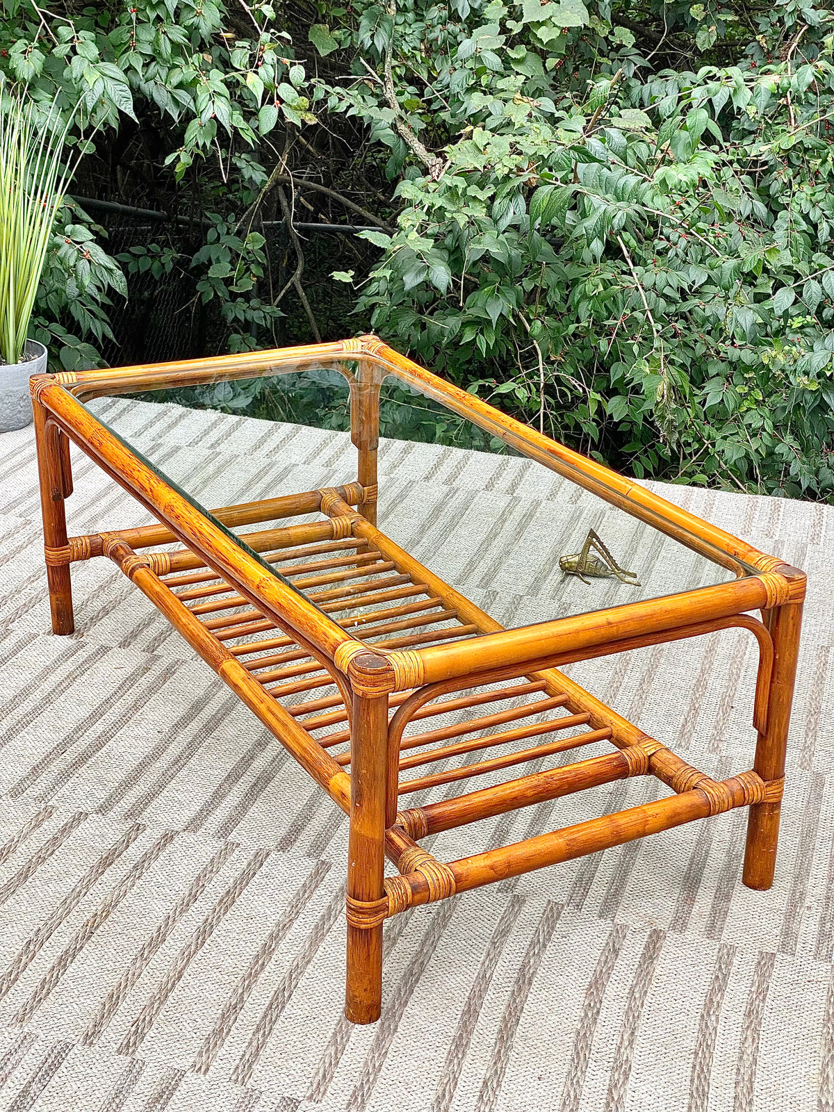 Vintage Bamboo Rattan Glass Top Coffee Table