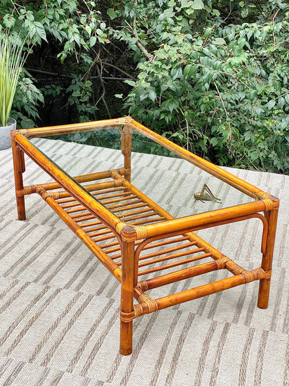 Vintage Bamboo Rattan Glass Top Coffee Table