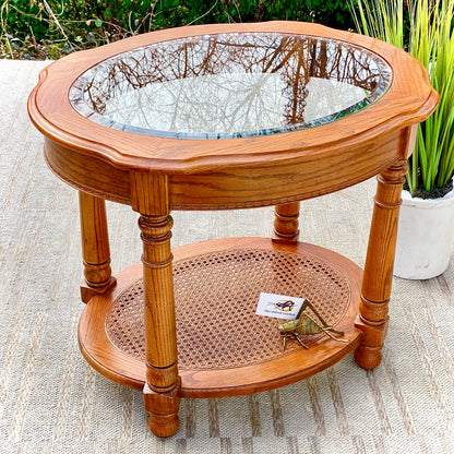 Vintage Wooden Glass Top Oval Side Table