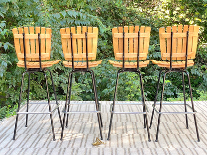 Vintage Set of 4 Arthur Umanoff Style Slatted Wood Barstools