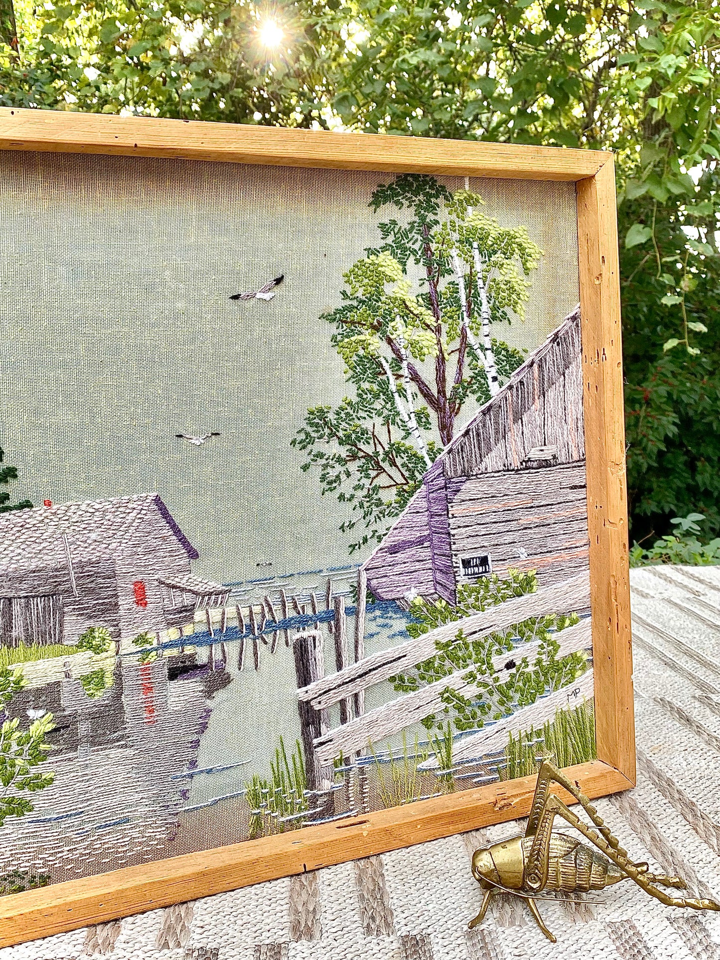 Vintage Mid Century Wood Frame Needle Point Art