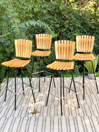 Vintage Set of 4 Arthur Umanoff Style Slatted Wood Barstools