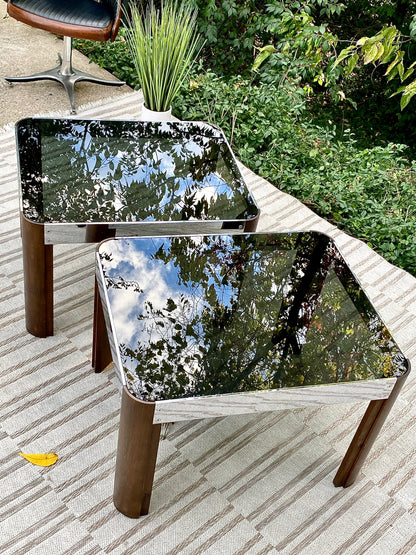 Vintage Chrome Wood & Glass Side Tables