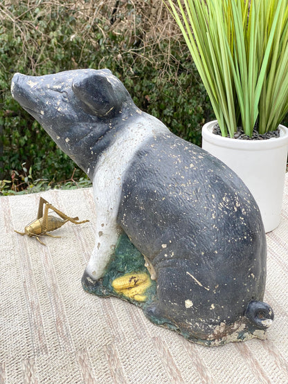 Vintage Concrete Black & White Pig Statue